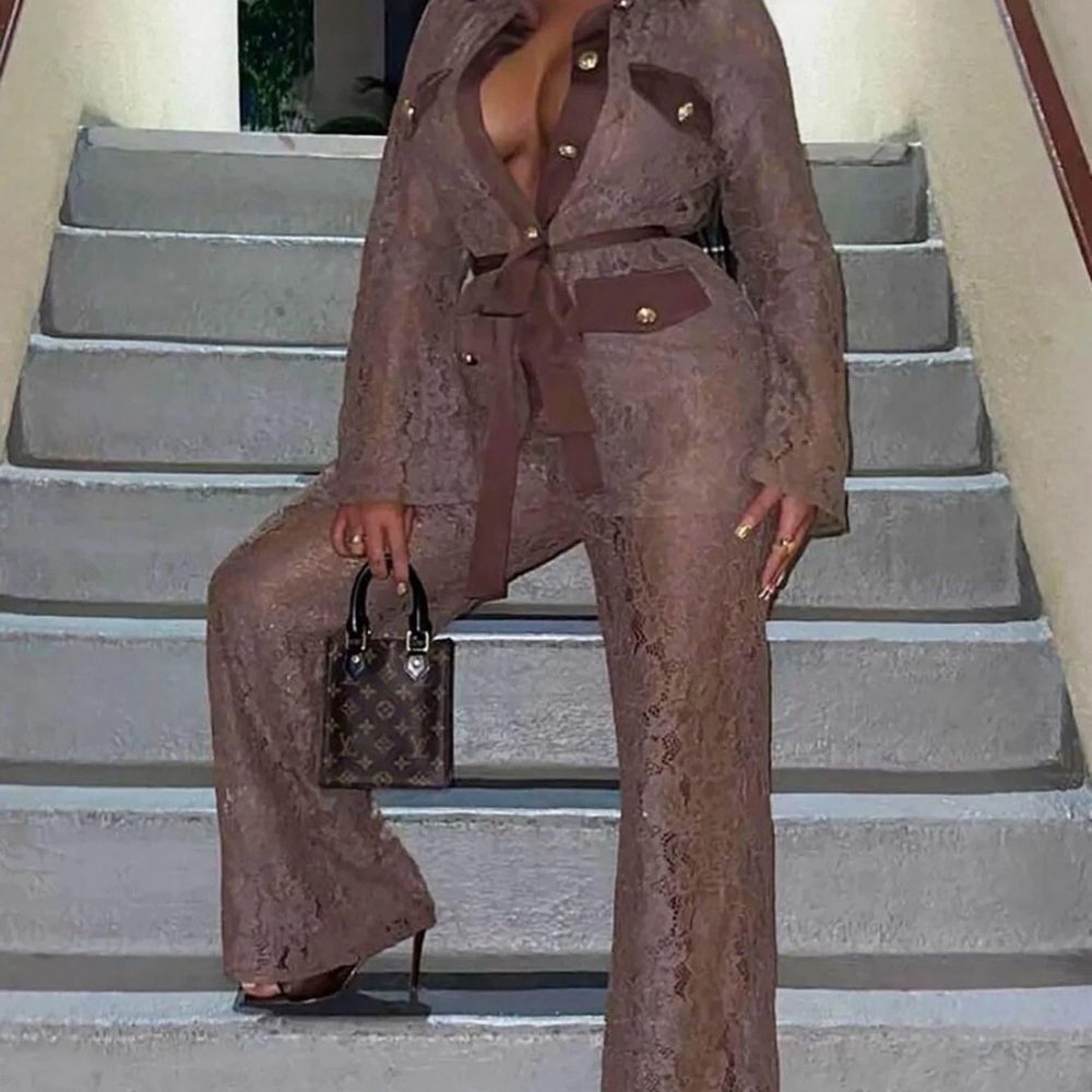 Fashion Nova Vivienne Mocha Lace Pants Set